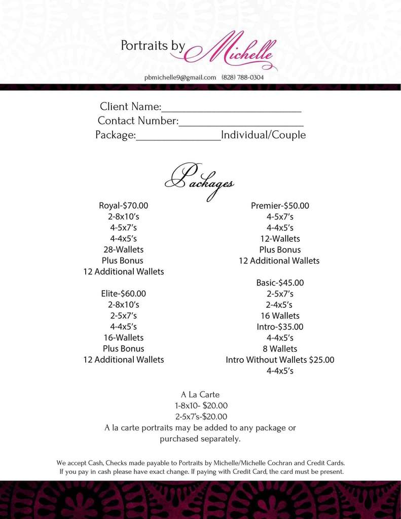 Portraits by Michelle price sheet