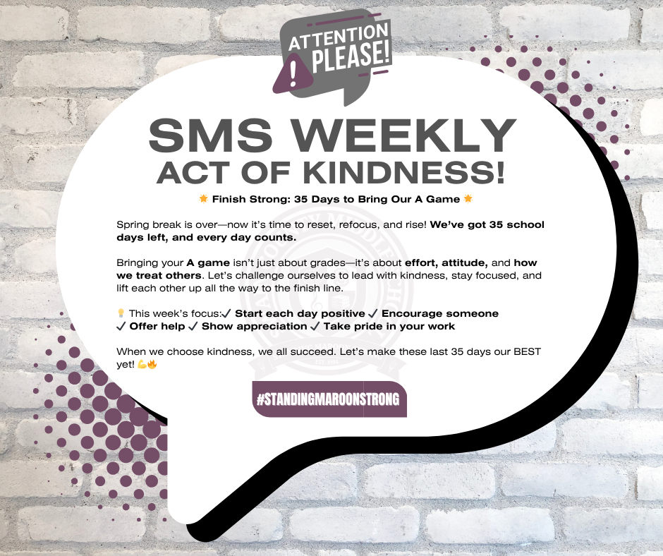 Speech bubble on brick wall with "SMS WEEKLY ACT OF KINDNESS!" and a kindness challenge.