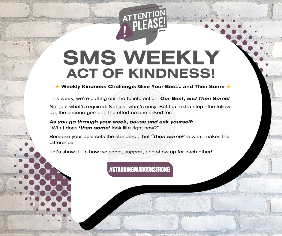Speech bubble on brick wall with "SMS WEEKLY ACT OF KINDNESS!" and a kindness challenge.
