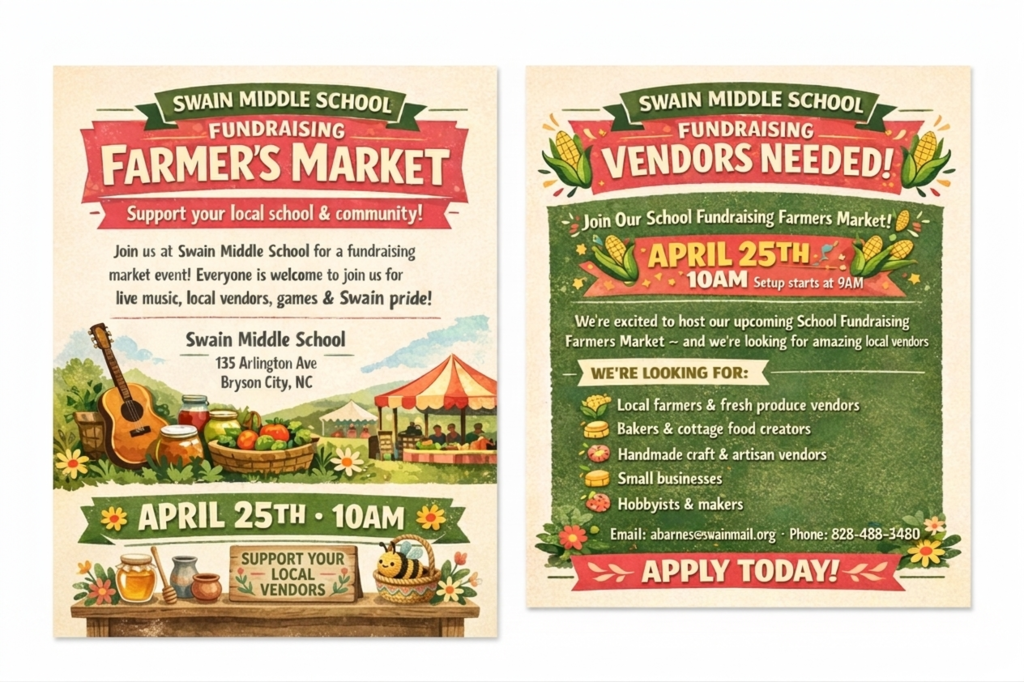  Flyer for Swain Middle School's fundraiser farmer's market event on April 25th at 10 AM, seeking vendors.