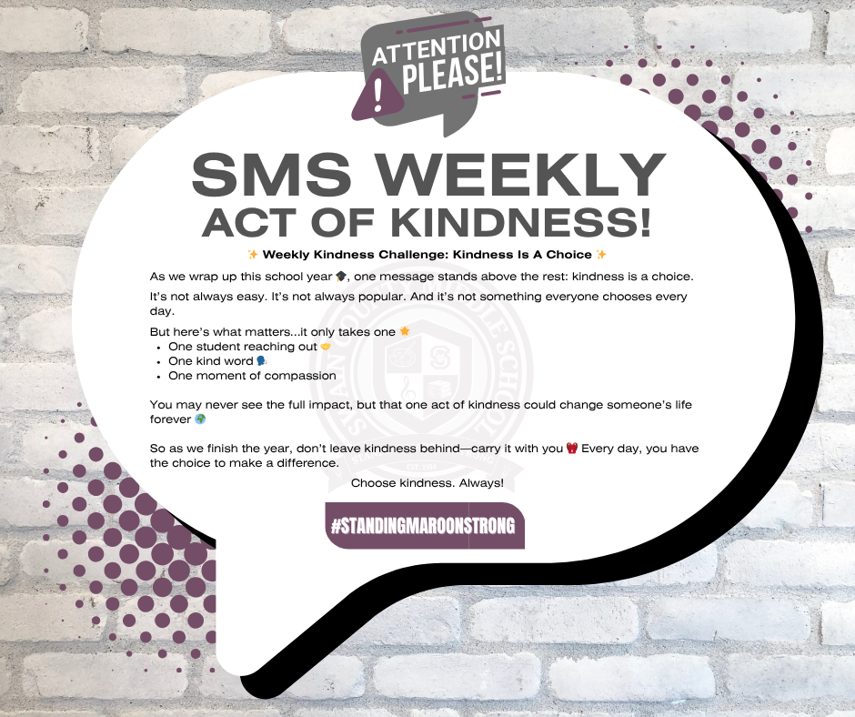 Speech bubble on brick wall with "SMS WEEKLY ACT OF KINDNESS!" and a kindness challenge.