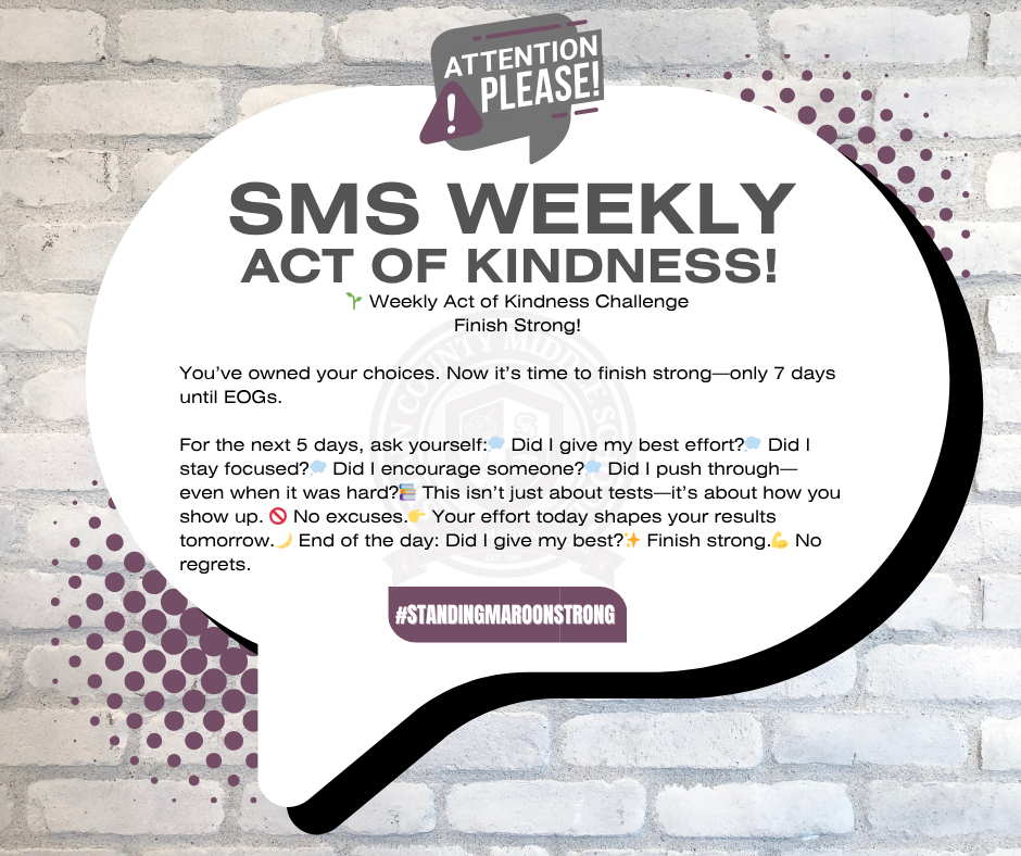 Speech bubble on brick wall with "SMS WEEKLY ACT OF KINDNESS!" and a kindness challenge.