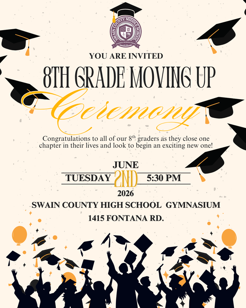 Invitation for an 8th grade moving up ceremony with graduation caps and cheering silhouettes.