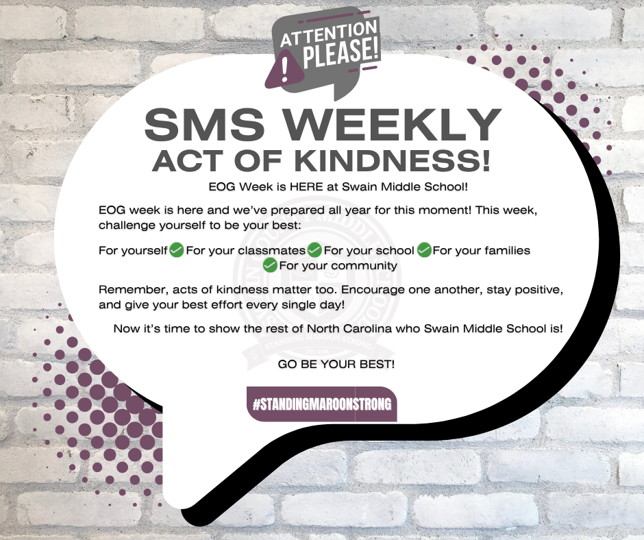 Speech bubble on brick wall with "SMS WEEKLY ACT OF KINDNESS!" and a kindness challenge.