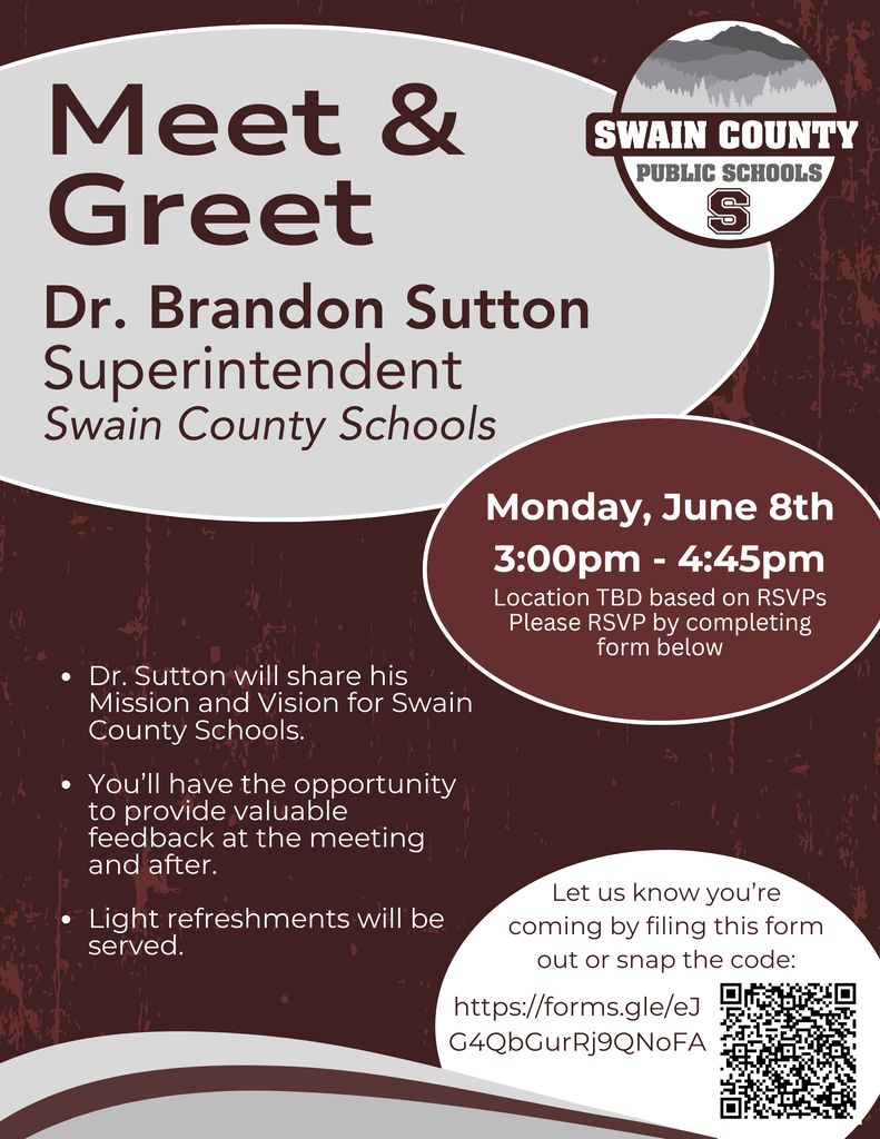 Flyer for a "Meet & Greet" event with Dr. Brandon Sutton, Superintendent of Swain County Schools. The flyer features a maroon and light grey color scheme with a textured background and the Swain County Public Schools logo in the top right.  The event is scheduled for Monday, June 8th, from 3:00pm to 4:45pm. The location is listed as "TBD based on RSVPs."  Bullet points state that Dr. Sutton will share his Mission and Vision for the schools, attendees will have the opportunity to provide feedback, and light refreshments will be served.  The bottom right corner includes a call to action to RSVP via a QR code or the shortened URL: https://forms.gle/eJG4QbGurRj9QNoFA.