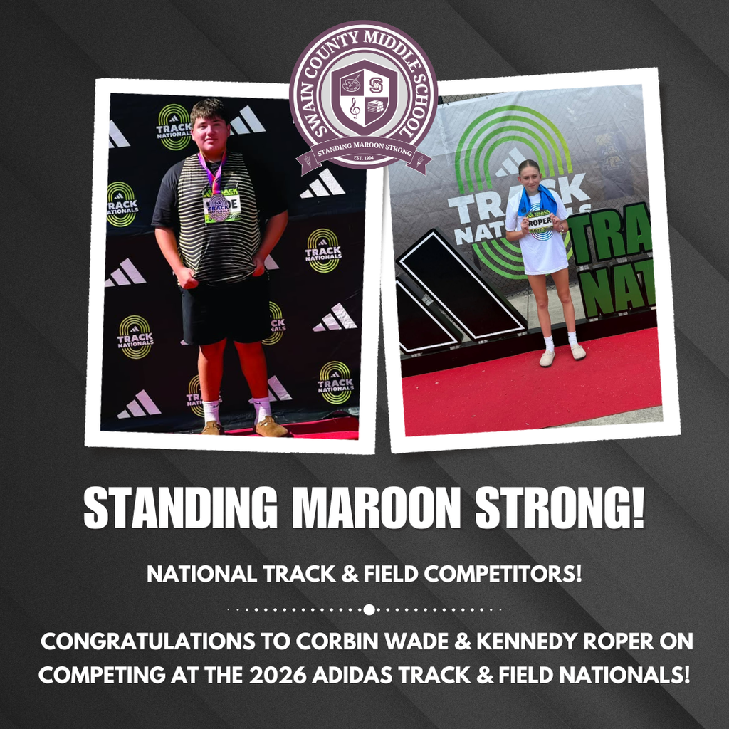 A collage celebrating track and field athletes from Swain County Middle School, featuring Corbin Wade on the left and Kennedy Roper on the right, with their medals and school branding.
