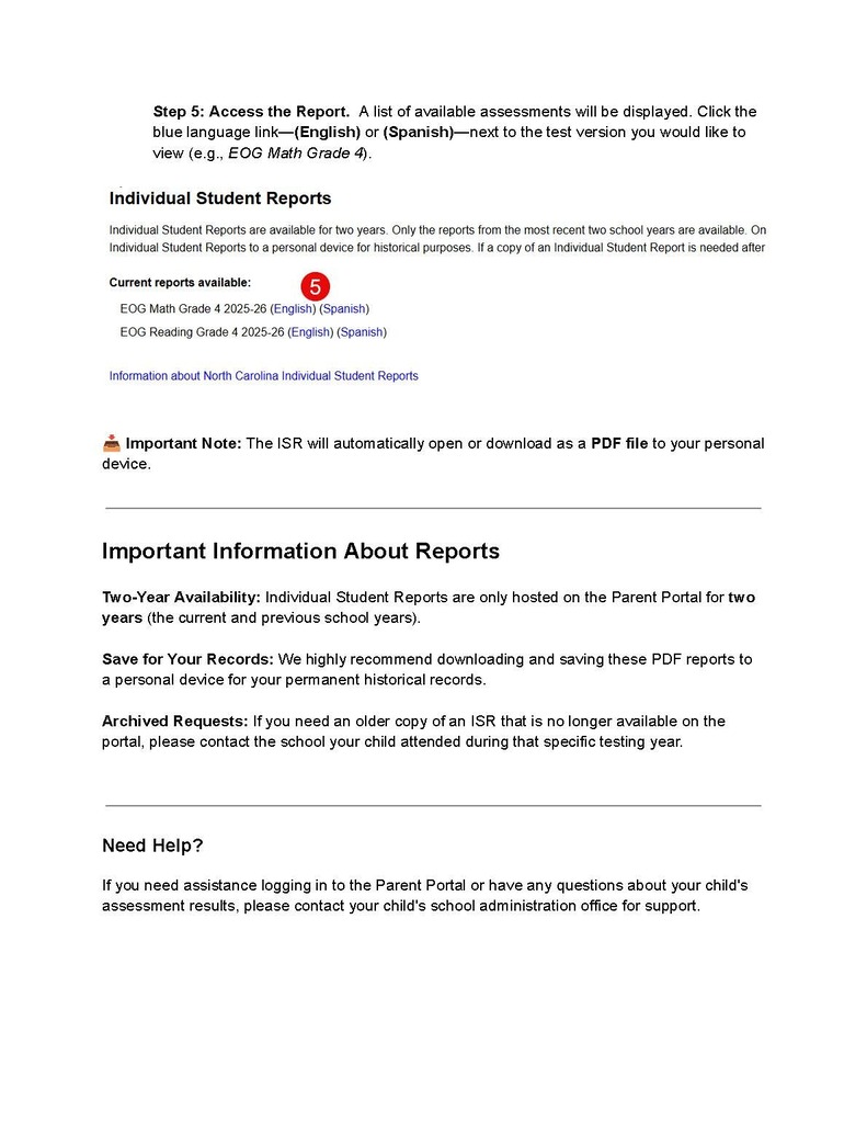 The link will open the report in a pdf format.  The report will be available in the portal for two years.  It is reommended to download and save a copy for your records.  Should you need any assistance or would like to request a paper copy of the report, please contact your child's school.