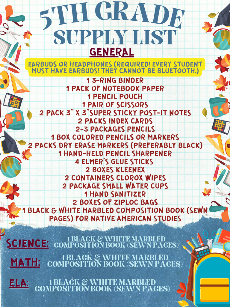 5th Grade Supply List