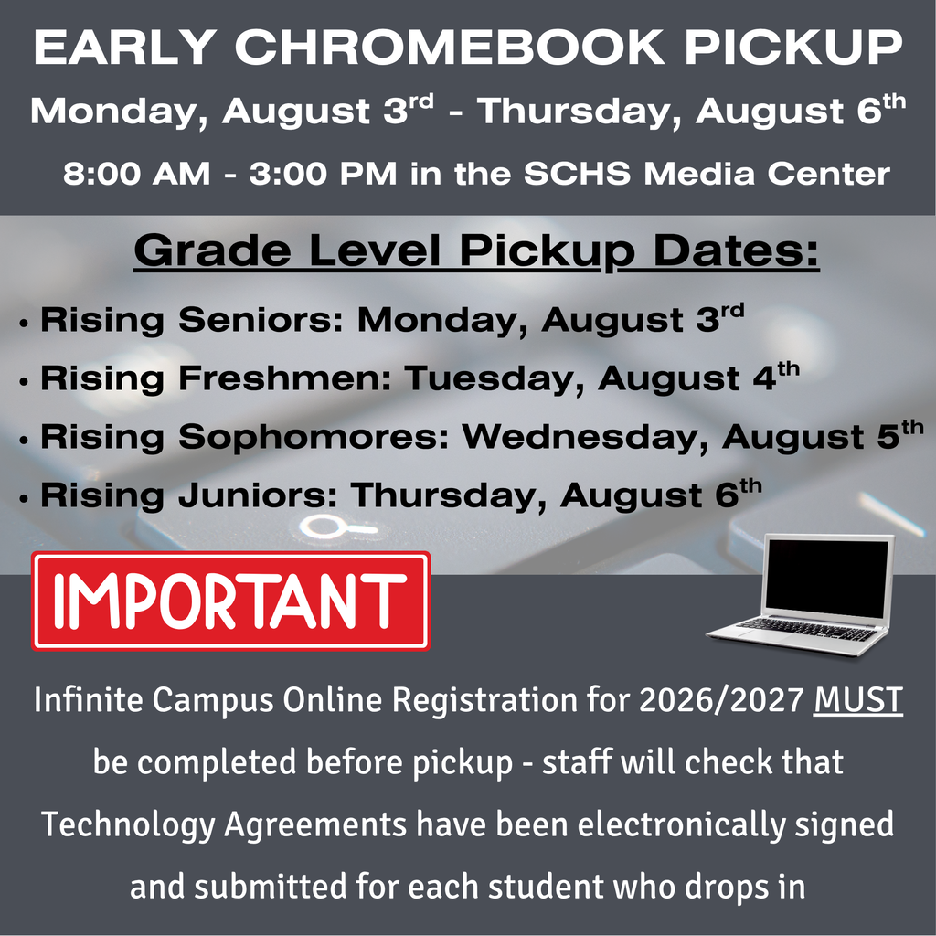 Early Chromebook pickup dates have been scheduled. Device pickup will start on Monday, August 3rd, and run through Thursday, August 6th. Drop-in hours are from 8:00 AM to 3:00 PM, in the Swain High Media Center.