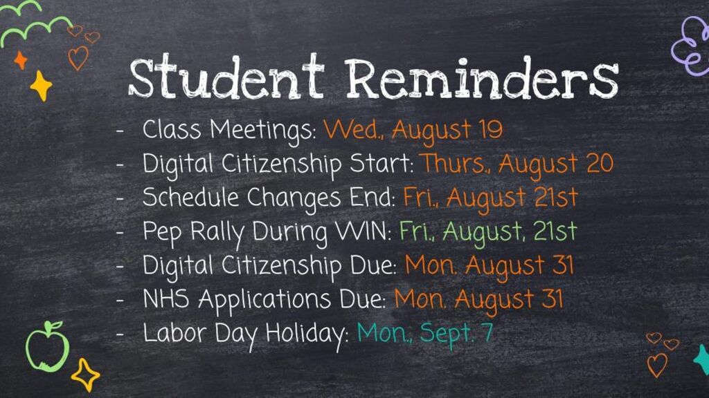 A list of student reminders for SCHS students. 
