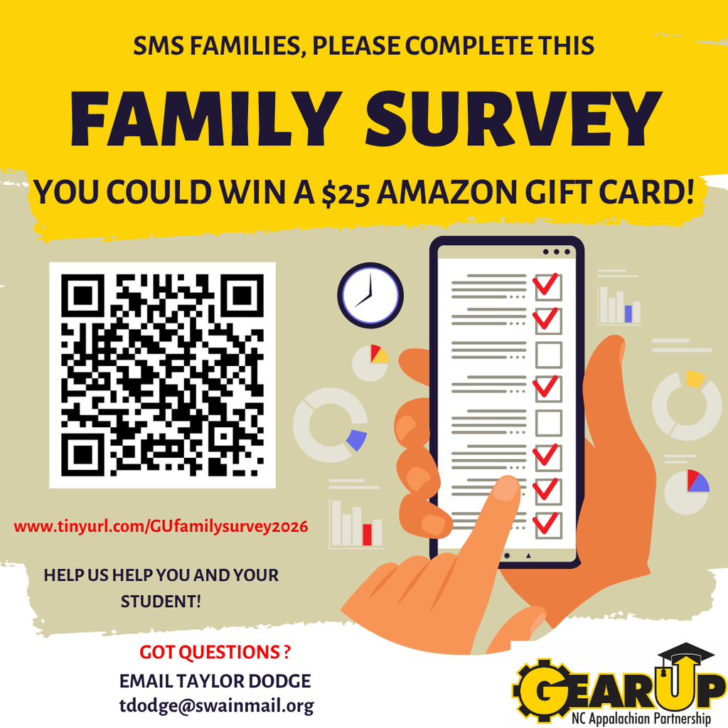 Promotional flyer encouraging families to complete a survey for a chance to win a $25 Amazon gift card, featuring a hand holding a smartphone displaying a checklist, with various data icons and contact information.