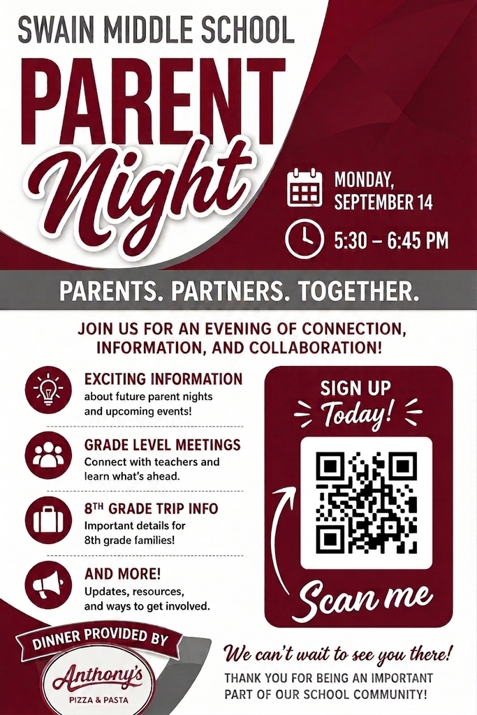 Swain Middle School Parent Night flyer announcing an event on Monday, September 14, from 5:30–6:45 PM, with program details, dinner information, and a sign-up QR code.