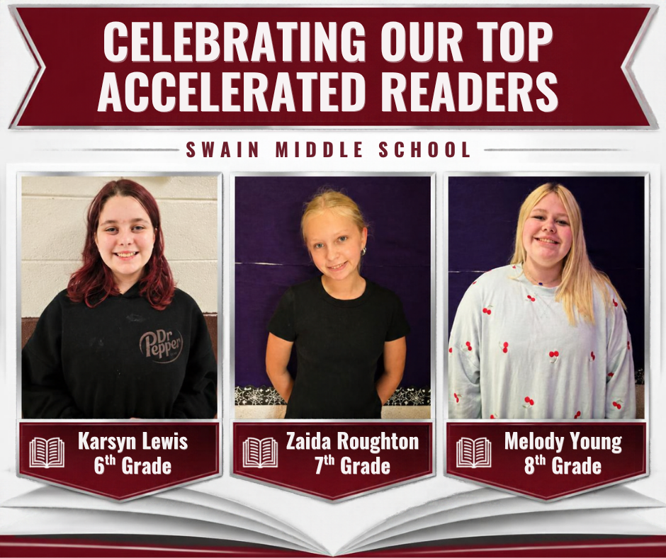 Swain Middle School students recognized as Accelerated Readers of the Month and Accelerated Reader logo design winners.
