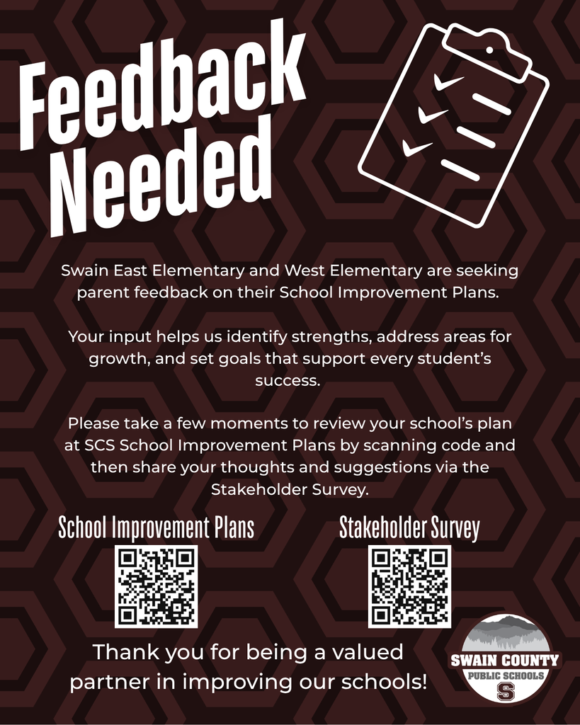 Infographic titled "Feedback Needed" with a clipboard icon. Text states that Swain East Elementary and West Elementary are seeking parent feedback on their School Improvement Plans to help identify strengths, address growth, and support student success. The flyer features two QR codes: one for "School Improvement Plans" and one for the "Stakeholder Survey," with the Swain County Public Schools logo in the bottom right corner.