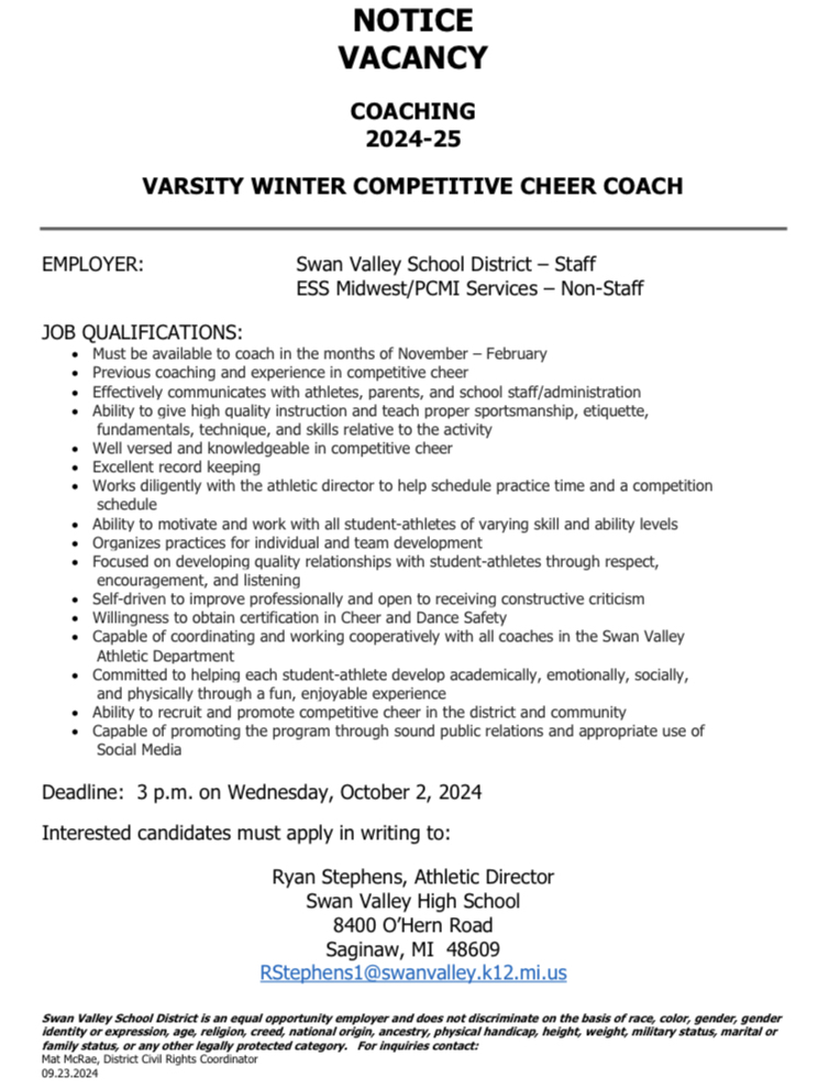Swan Valley Varsity Competitive Cheer Coach Posting