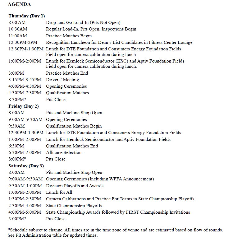 Schedule for States at SVSU - Thursday May 3rd through Saturday May 5th