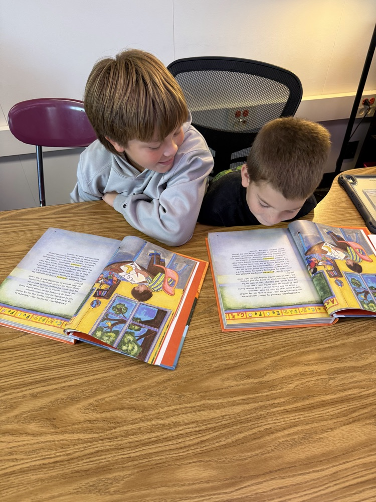 Two boys looking at books sitting next to eacher other at a desk.