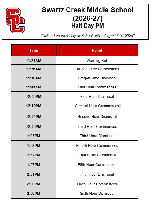 Half Day Bell Schedule 