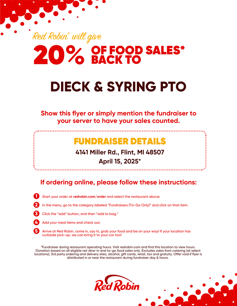 Red Robin Flyer for April 15, 2025 20% proceeds go to Dieck and Syring PTO