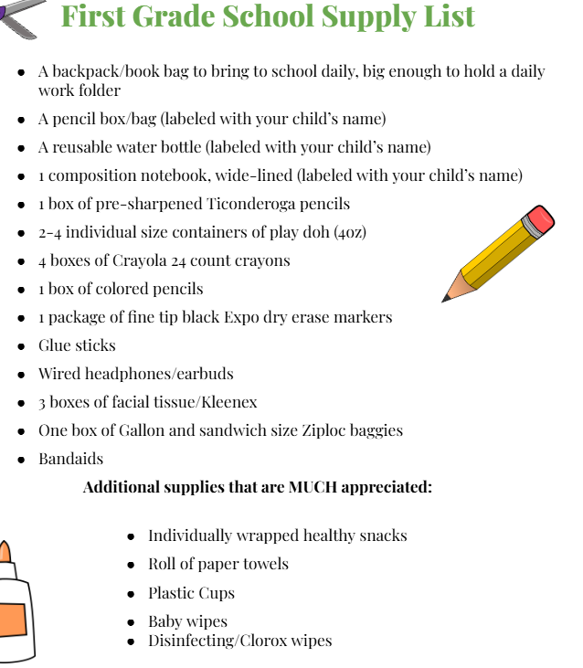 1st Grade Supply List