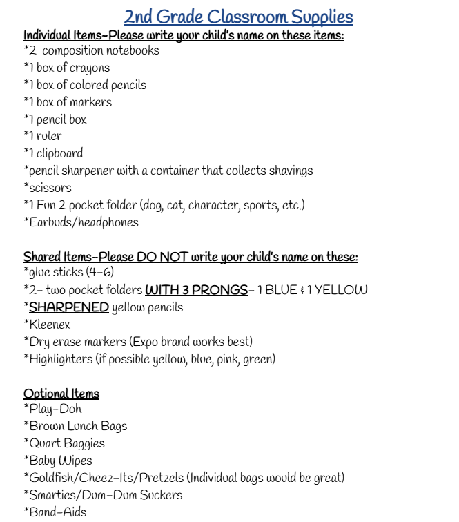 2nd Grade Supply List