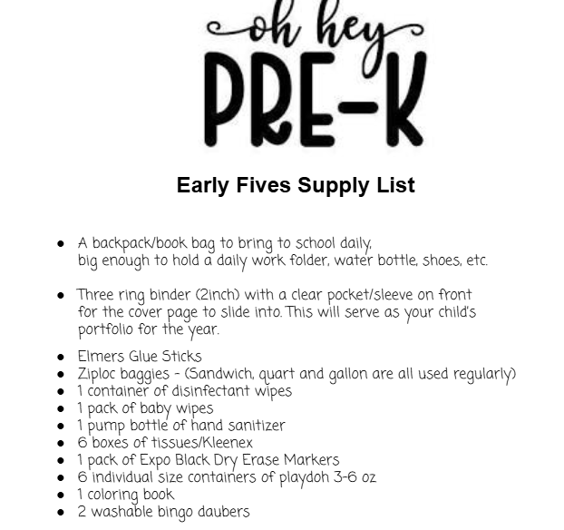 Early Fives Supply List
