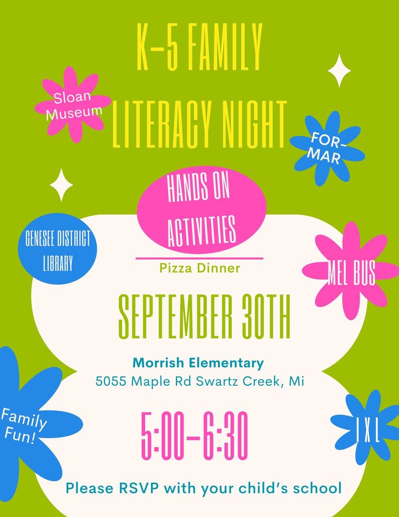 K-5 Family Literacy Night Sept. 30th, 5:00 - 6:30 pm
