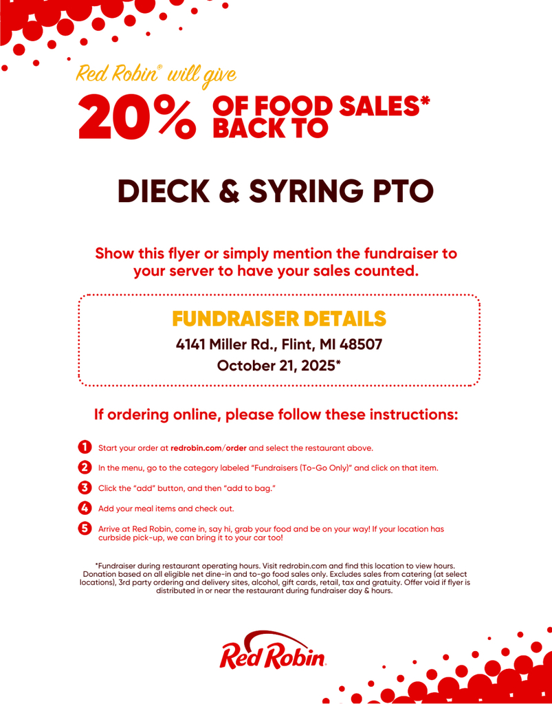20% of food sales back to Diecka dn Syring PTO October 21, 2025
