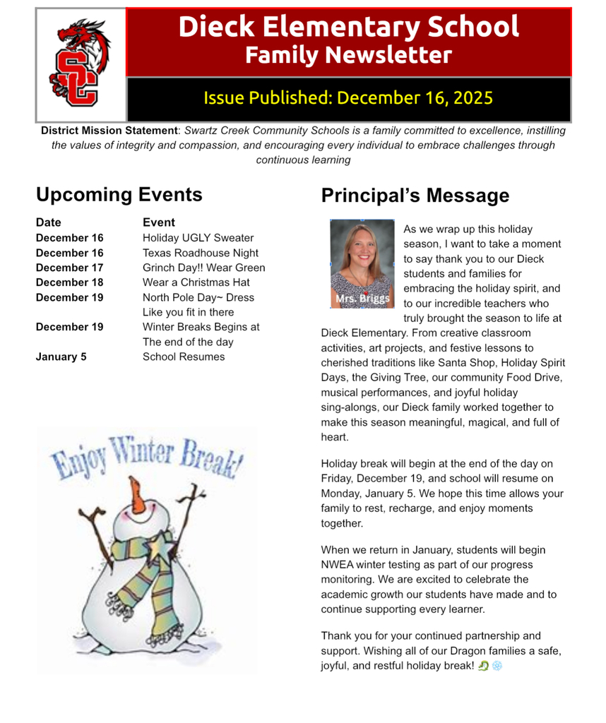 Dieck December 16, 2025 Family Newsletter front page