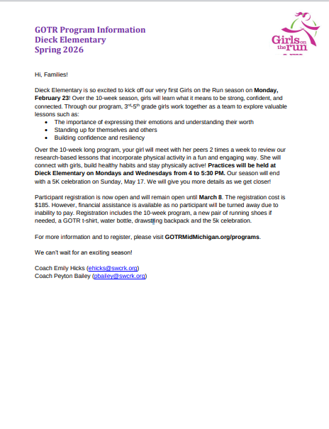 Dieck Elementary Girls on the Run Letter