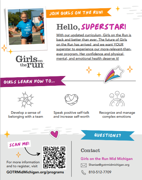 Girls on the Run Registration Link: GOTRMidMichigan.org/programs