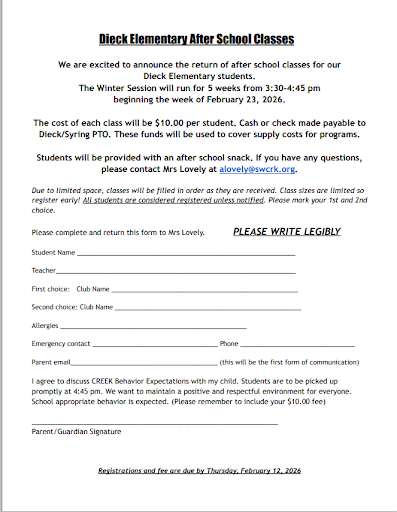 After School Classes begin February 23 and cost is 10.00. 3:30-4:45pm