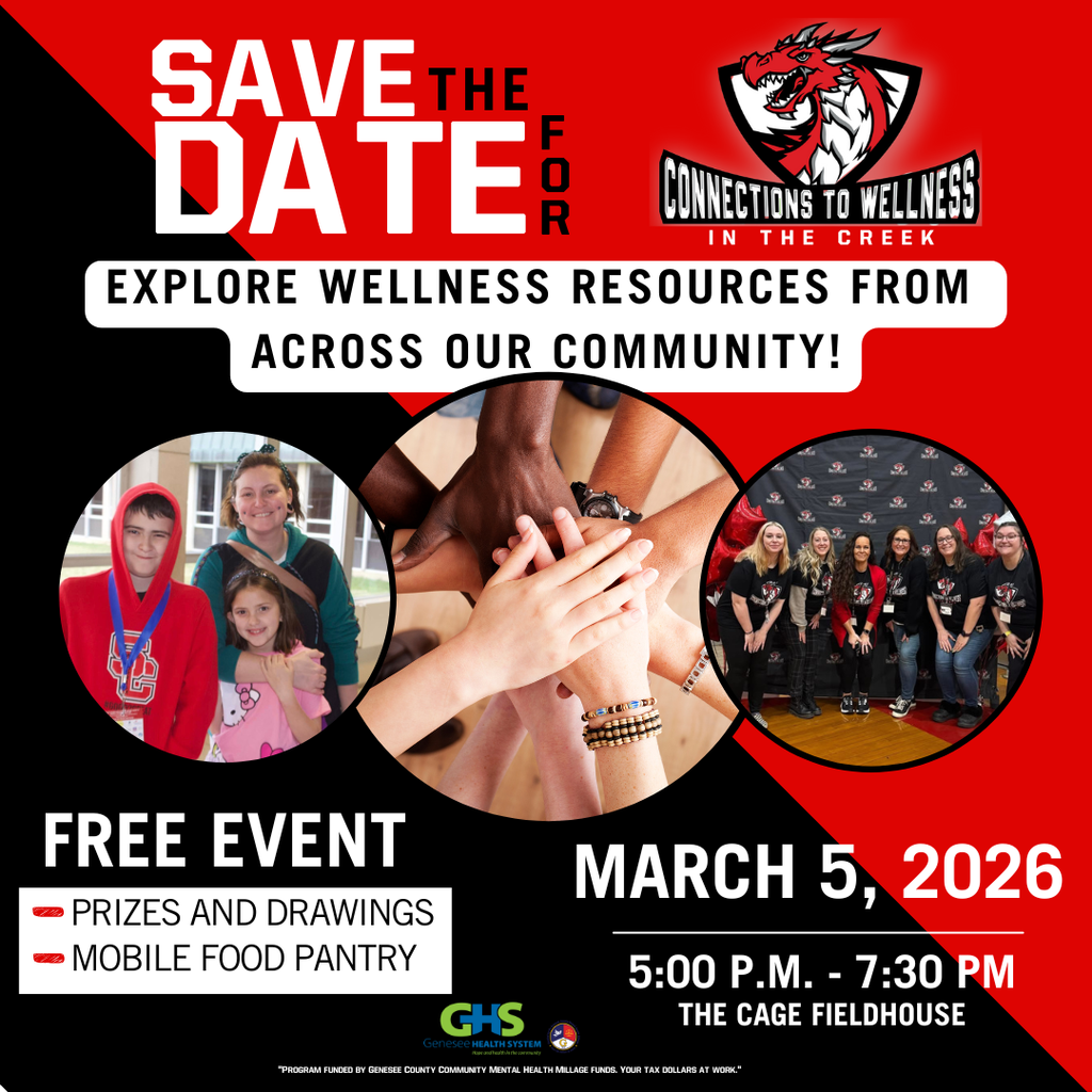 Save the Date flyer Connections to Wellness In the Creek Thursday, March 5 from 5:00 PM - 7:30 PM at the Cage Fieldhouse