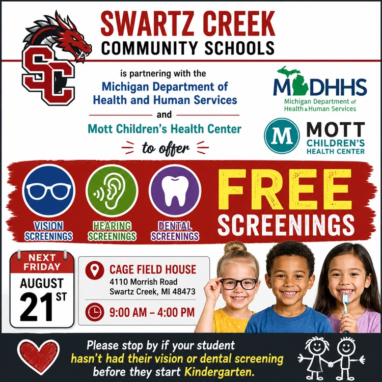 cage Field House August 21 2026 free vision, dental, hearing screen 9am-4pm