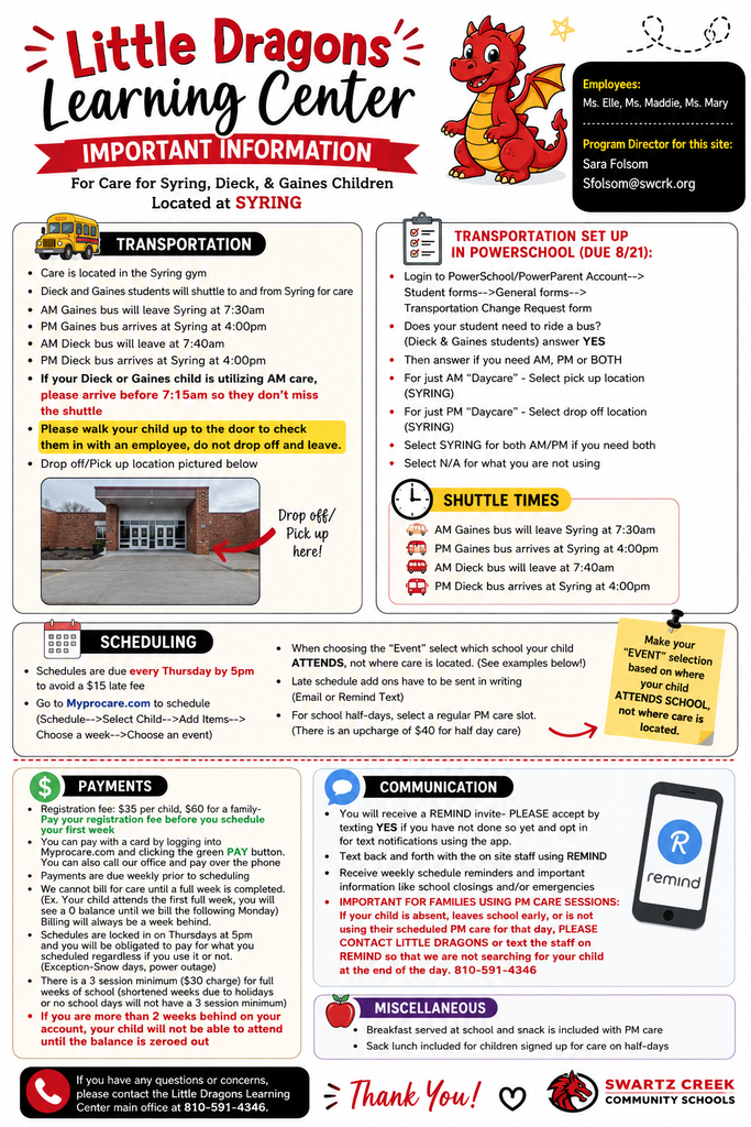 Syring Elementary is before and after school care for Dieck Elementary