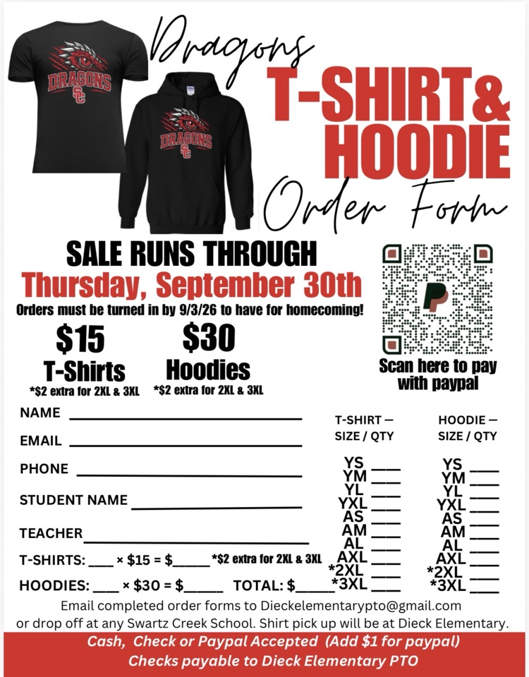 PTO shirts sale for 15.00 hoodies 30.00 due Sept 30