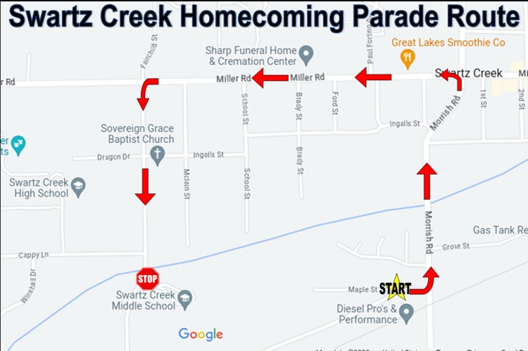 map of parade route starting at Maple and Morris heading north to Miller heading west to Fairchild