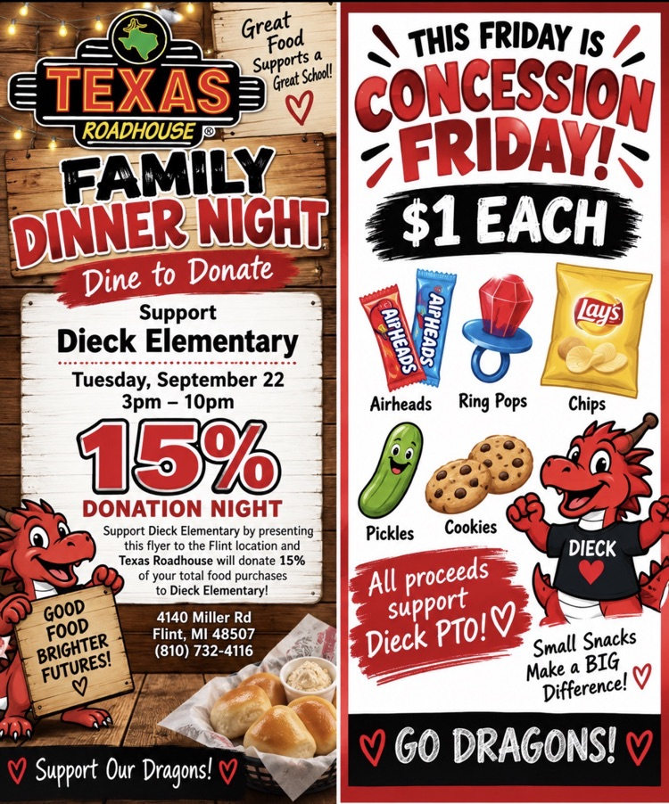 family dinner night Tuesday September 22 15% donated to dieck PTO. concessions on Friday with 1.00 items.