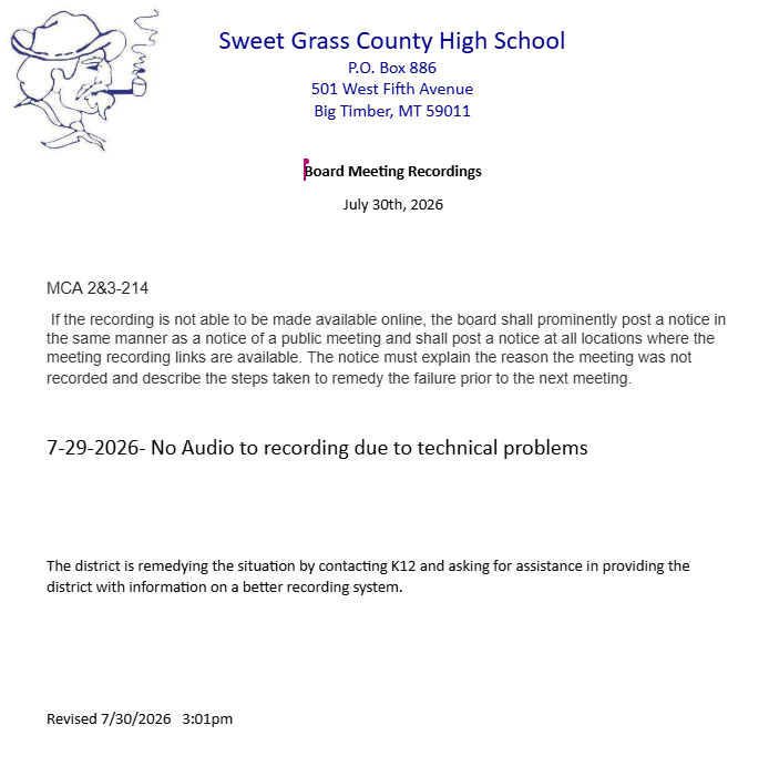 No audio for school board meeting on 7-29-26 due to technical issue.