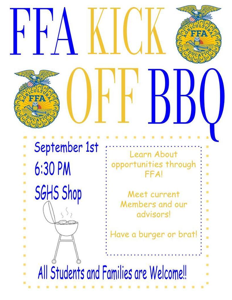 Everyone is welcome to the FFA Kick Off BBQ tonight @ 6:30pm in the shop!