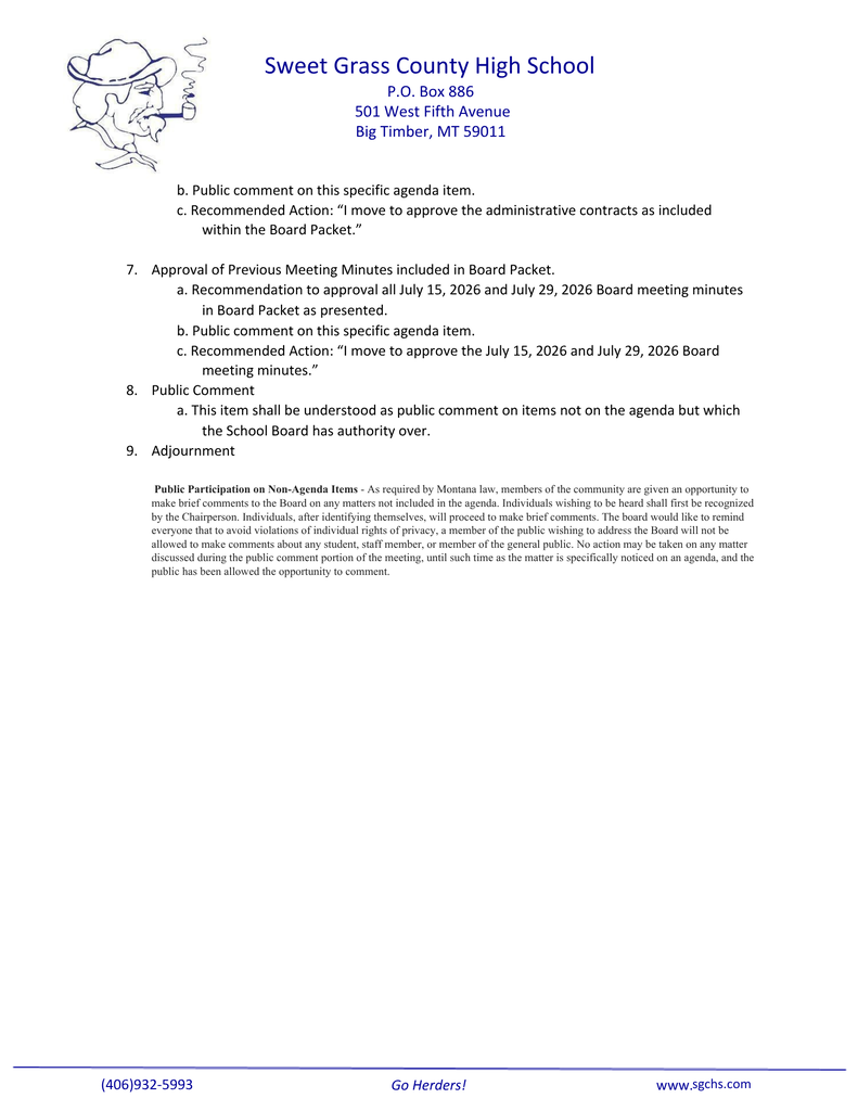 2nd Page of Agenda for September , 22, 2026 Board Meeting.  Please see complete packet on our website, sgchs.com