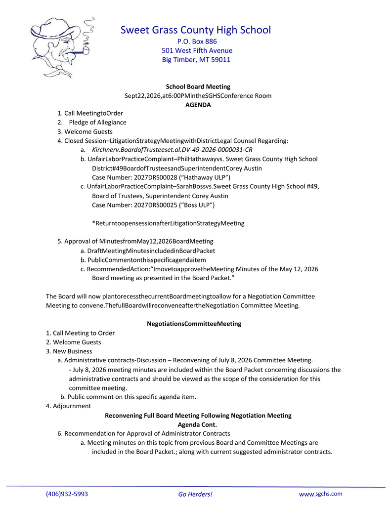 2026-09-08 School Board Agenda Meeting.  Please view the whole packet at sgchs.com