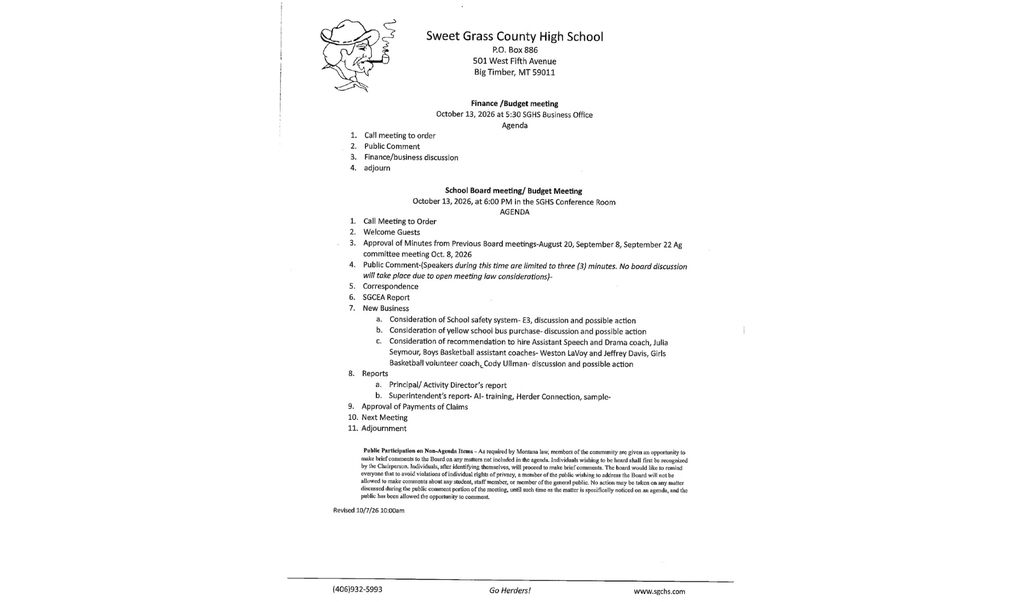 Addendum to Agenda for School Board and Finance Meeting on October, 13th, 2026.  Additional Pages located on SGHS Website.