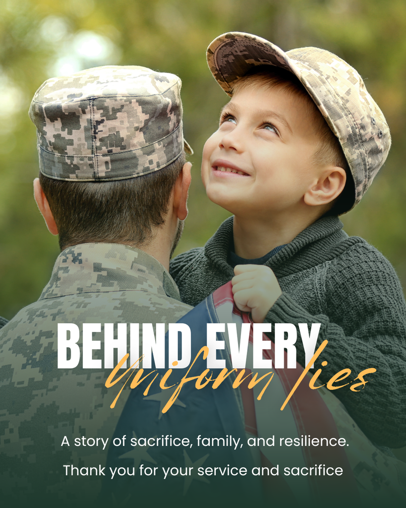 Back of a uniformed man with a child and american flag.