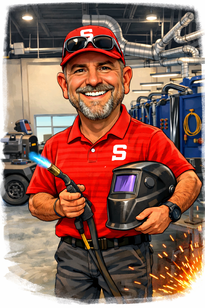Jarrod Gee caricature in welding shop