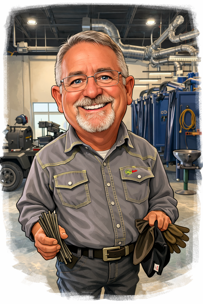 Scott Whittenburg caricature in welding shop