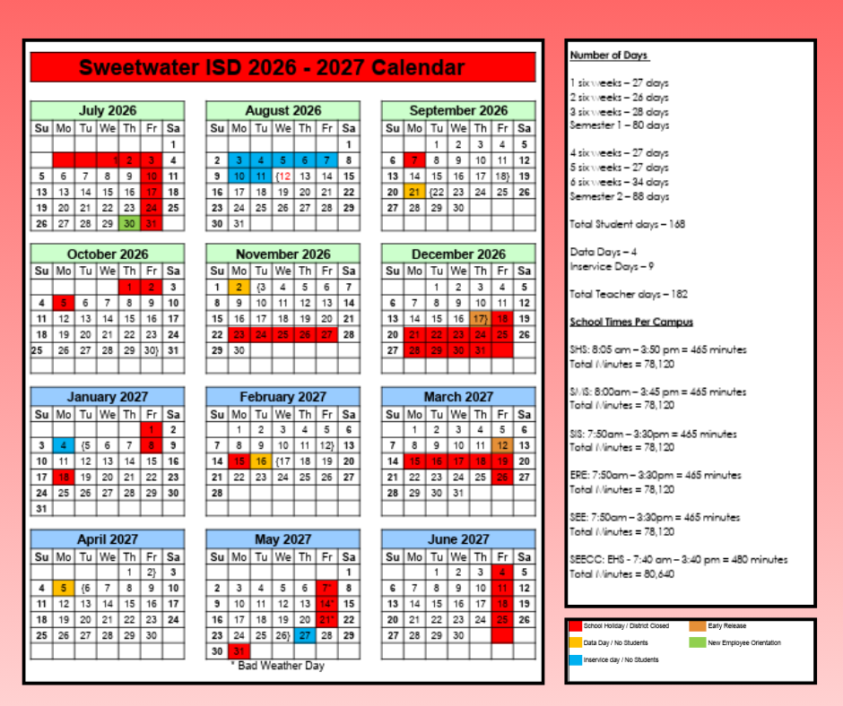 Sweetwater ISD 2026-2027 School Calendar