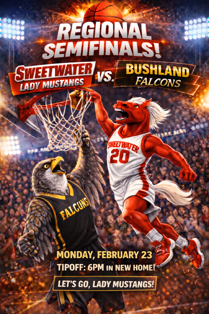 Mustang dunking basketball on Falcon Region Semifinals advertisement