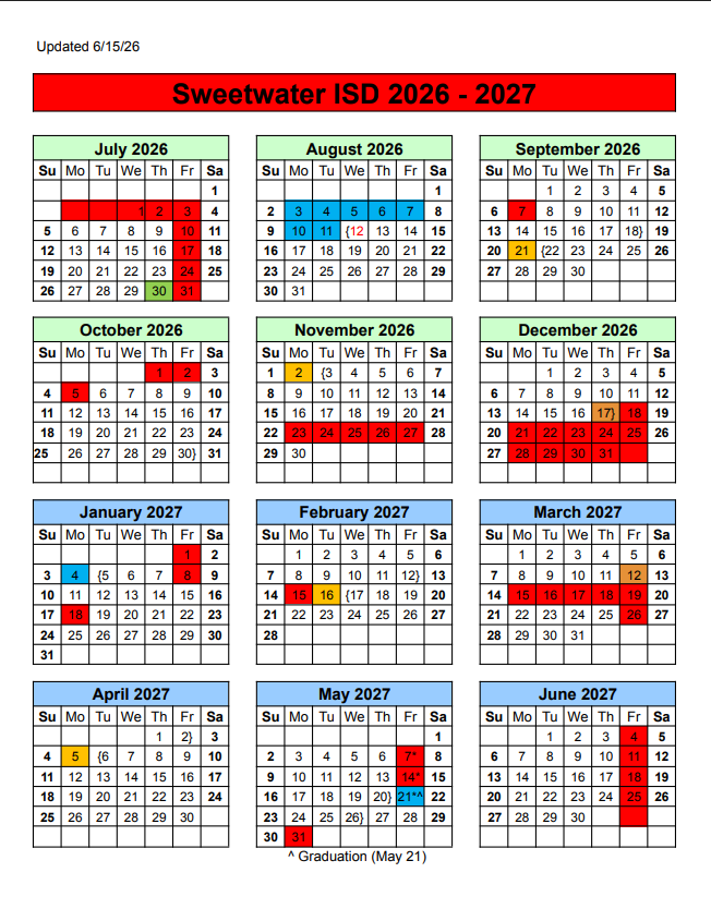 Revised 2026-27 Sweetwater ISD calendar