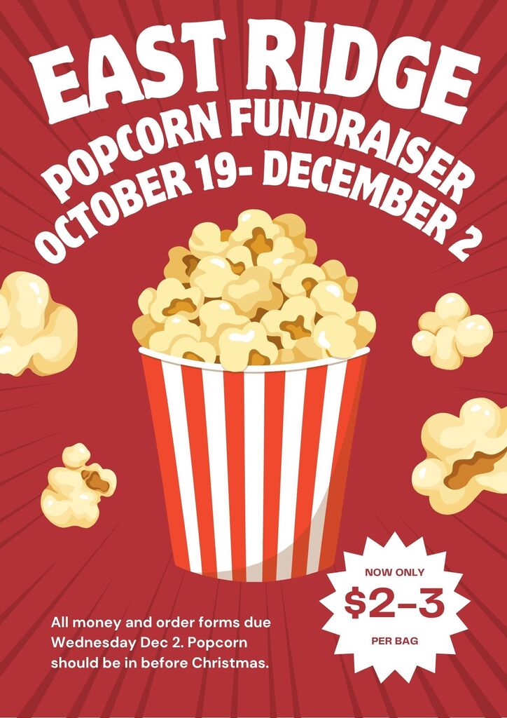 Red-and-white striped popcorn bucket filled with popcorn against red background. Fundraiser event details for popcorn sales from October 19 to December 2.